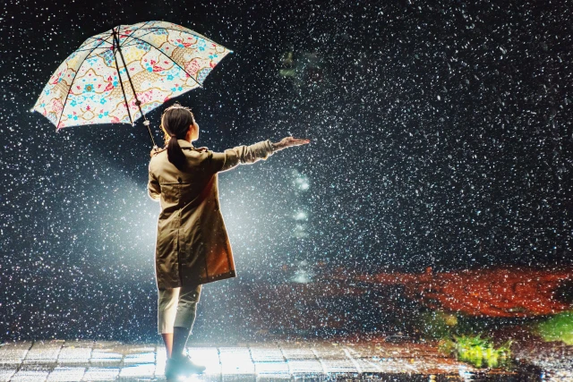 雨の中で傘をさす女性の写真