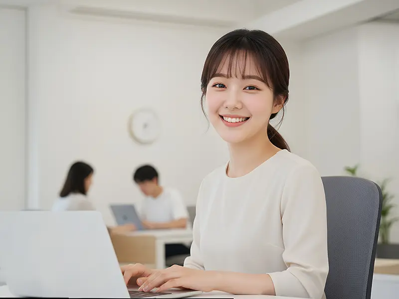 パソコンと笑顔の女性